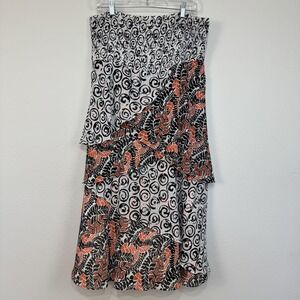 Lane Bryant Strapless Dress Size 14 Black White Orange Boho Print Tiered Flowy